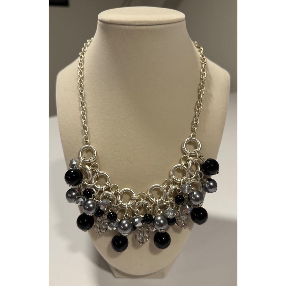 Silver Tone Bib Statement Necklace Black Grey Clear Beaded Cluster Fringe